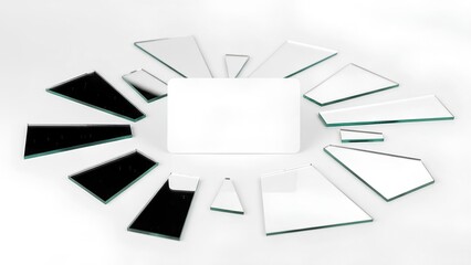 A sleek white gift card framed by asymmetrically placed reflective mirror fragments with sharp highlights on a clean white background, offering a high-end stylish visual