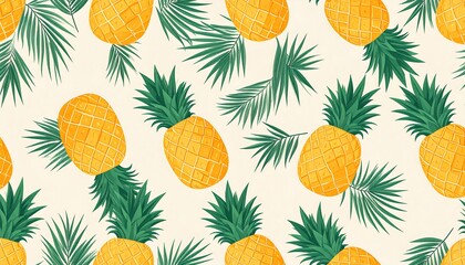 Tropical pattern of ripe pineapples and green palm leaves
