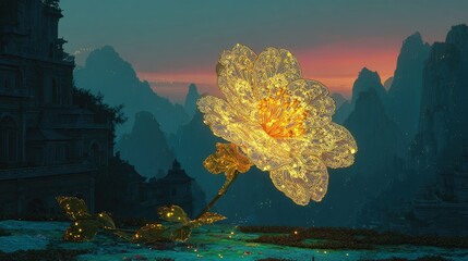 Glowing Pixel Flower In Ancient Landscape Sunset