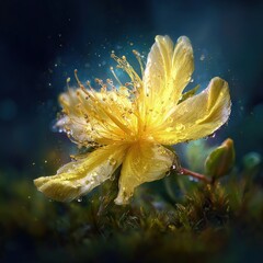 Golden Flower With Water Droplets On Dark Background