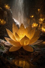 Glowing Golden Lotus Lantern By Waterfall