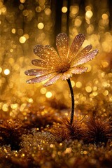Golden Flower With Dewdrops In Bokeh Background
