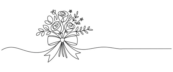 Bouquet of Roses and Leaves Tied with a Bow in Continuous Line Art Style flowers
