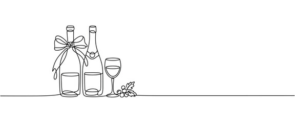 Continuous line art of two champagne bottles and a wine glass with a festive bow and berries