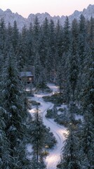 Snowy Forest Path With Cabin