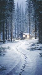 Snowy Forest Path Leads To Cozy Cabin In Winter Night