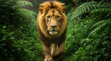 Majestic Lion Walking in Lush Green Jungle