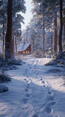 Snowy Forest Path Leading To Cozy Cabin