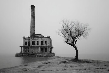 Gray Scale Abandoned Factory Ruins On Island With Fog
