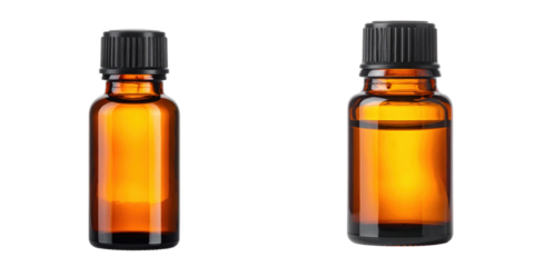 Two Amber Glass Dropper Bottles With Black Caps Containing Golden Liquid isolated on transparent background. PNG die-cut for advertising