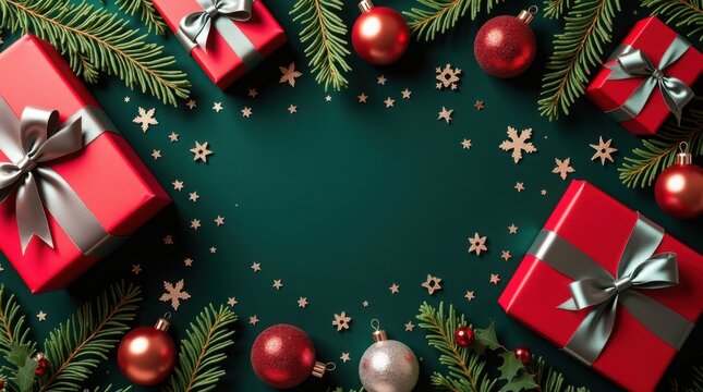 Festive christmas arrangement with red gifts ornaments and evergreen branches on a green background