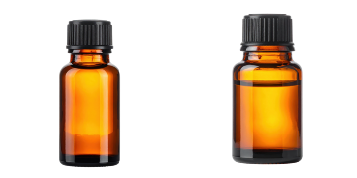 Two Amber Glass Dropper Bottles With Black Caps Containing Golden Liquid isolated on transparent background. PNG die-cut for advertising