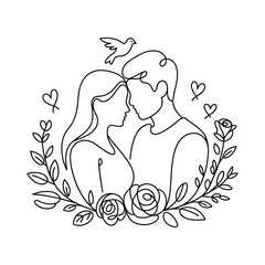 Romantic Couple Embracing with Bird and Flowers Line Art Illustration love romance