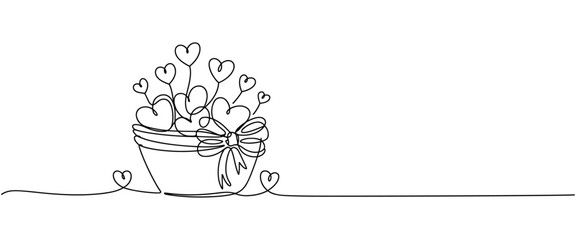 Single Line Art of a Pot Filled with Heart- Shaped Balloons and a Bow planter container