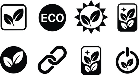 Green Energy, Organic Label and Nature Badge Vector Icons,Green Living, Eco Badge and Leaf Emblem Solid Icon Pack,Minimal Solid Leaf Icons for Eco Branding,Plant Leaf,Eco Symbol,Eco-Friendly Logo Elem