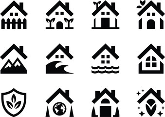 Eco Home and Nature Housing Solid Icon,Green Architecture,Eco Household Icons,Eco Property,Trees,Waves and Mountain Icons Set,Plant Growth and Nature Icons,Flowers, Plants, Weather and Wildlife Vector