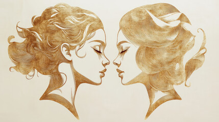 Two women's profiles with closed eyes represent the astrological Gemini symbol, featuring golden hair and ornate white details, highlighting themes of connection and artistic elegance