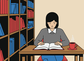 Woman reading book with hot coffee at study desk by bookshelf