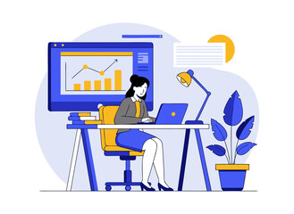 Businesswoman working on laptop, analyzing data on monitor screen