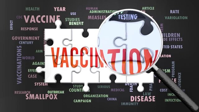 Vaccination under magnifying glass, being researched, studied and examined. Most important subjects and ideas closely related to vaccination written around a puzzle.Can be looped.