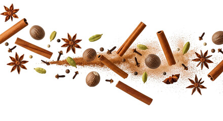 Collection of aromatic spices and cinnamon sticks isolated on transparent background