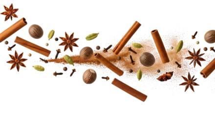 Collection of aromatic spices and cinnamon sticks isolated on transparent background