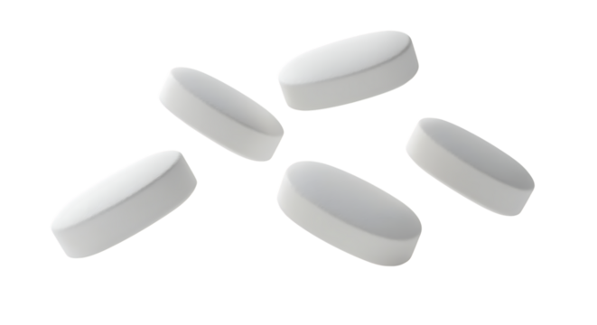 Realistic white pill capsules scattered in a dynamic arrangement on transparent background.