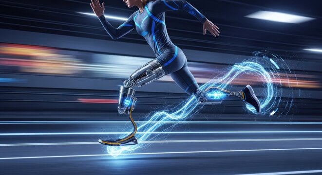 A futuristic athlete with a prosthetic leg running on a track with glowing blue lines.
