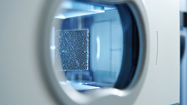 Extreme nanomaterials sample grid observed in an electron microscope chamber