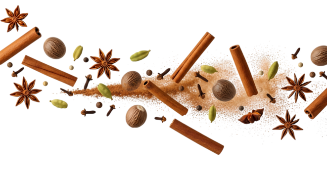 Collection of aromatic spices and cinnamon sticks isolated on transparent background
