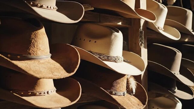 Collection of Traditional Cowboy Hats Displayed on Wooden Shelves with Warm Sunlight Creating Dramatic Shadows and Highlights
