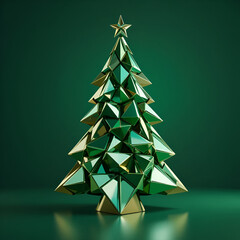 Geometric Green Christmas Tree with Metallic Accents on Dark Background