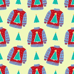 Christmas Tree Sweater Seamless Pattern Festive Winter Print with yellow background