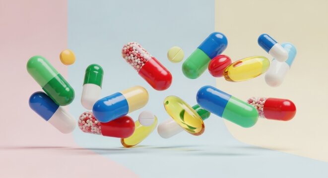 A colorful assortment of pills and capsules against a multicolored background.