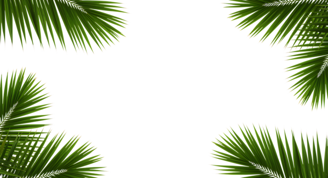 Four lush green palm leaves framing a black space on transparent background. - Powered by Adobe