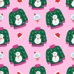 Cute Snowman Christmas Sweater Seamless Pattern Holiday Pink Background