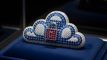 A luxurious jeweled cloud brooch with a ruby and diamond padlock, symbolizing secure cloud computing, data protection, and valuable digital asset encryption