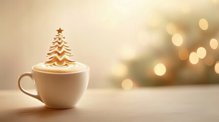 White cup of hot beverage topped with a decorative Christmas tree-shaped cookie, set against a softly blurred background of festive lights, creating a warm holiday atmosphere