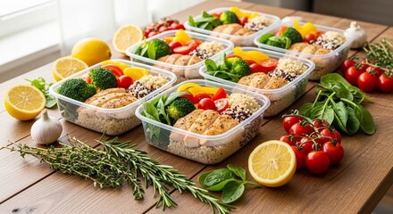 Chicken  veggie meal prep containers sit on a wooden table surrounded by lemons herbs  tomatoes