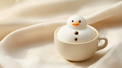 Cute snowman-shaped dessert sitting in a white cup on soft fabric, creating a cozy winter atmosphere, perfect for holiday-themed culinary photography and seasonal delights