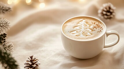 White ceramic cup filled with creamy coffee topped with a decorative tree design, surrounded by pinecones and soft fabric, creating a cozy winter atmosphere with copy space
