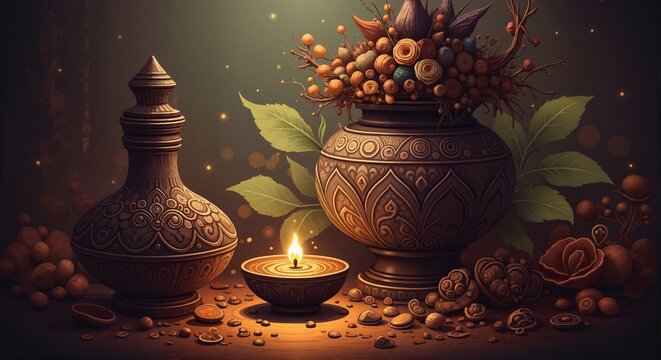 Traditional Diwali still life with a glowing diya lamp. Ornate carved pottery and dried floral arrangement in warm light. Spiritual Indian festival and cultural celebration concept