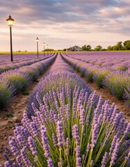 Fototapeta premium Lavender field rows form purple waves under sunset light, with leading lines