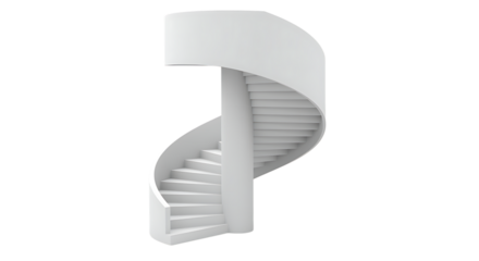 A modern white spiral staircase with sleek design elements on transparent background.