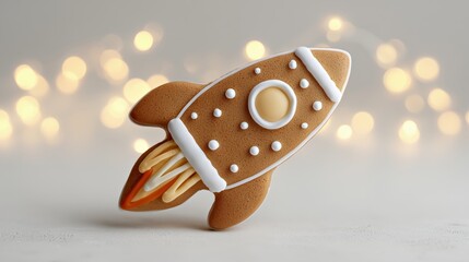 Gingerbread rocket cookie with colorful icing details, set against a soft bokeh background, creating a whimsical holiday atmosphere for festive celebrations