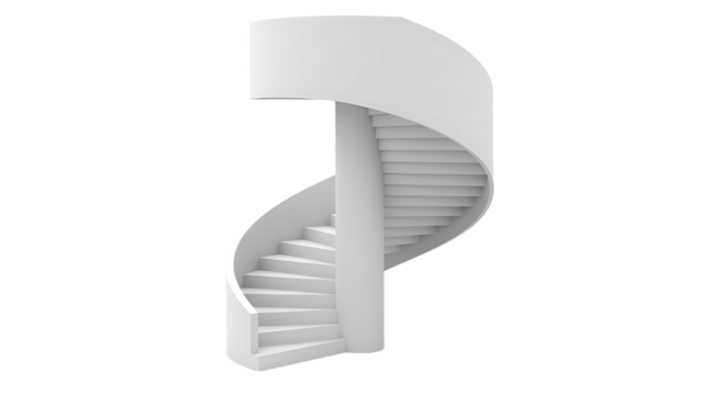 A modern white spiral staircase with sleek design elements on transparent background.