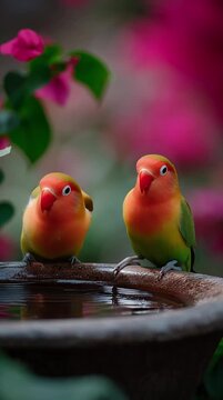 Lovebirds sharing a small water dish, macro 105mm lens, tropical setting
