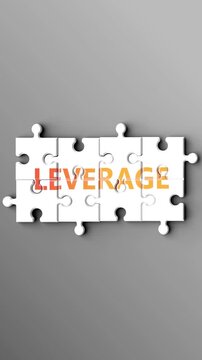 Leverage being a complex topic - puzzle pieces with word leverage coming together to make a whole. Leverage made of many fitting parts, a compound subject.