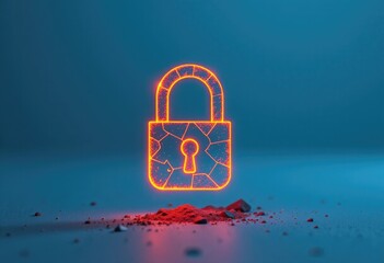 Glowing padlock icon with cracked texture on blue surface