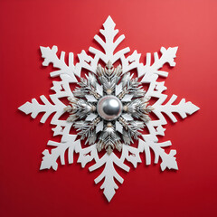 White Decorative Snowflake with Metallic Center on Red Festive Background
